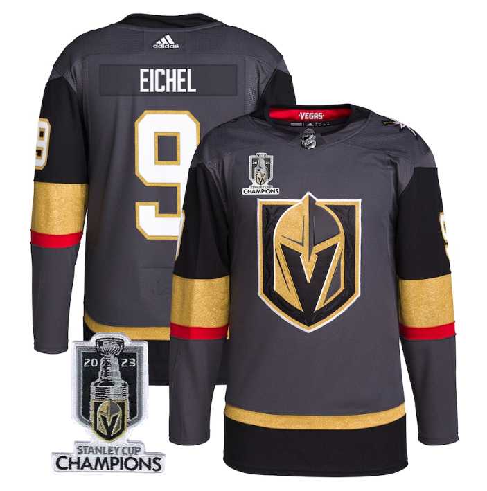Men%27s Vegas Golden Knights #9 Jack Eichel Gray 2023 Stanley Cup Champions Stitched Jersey